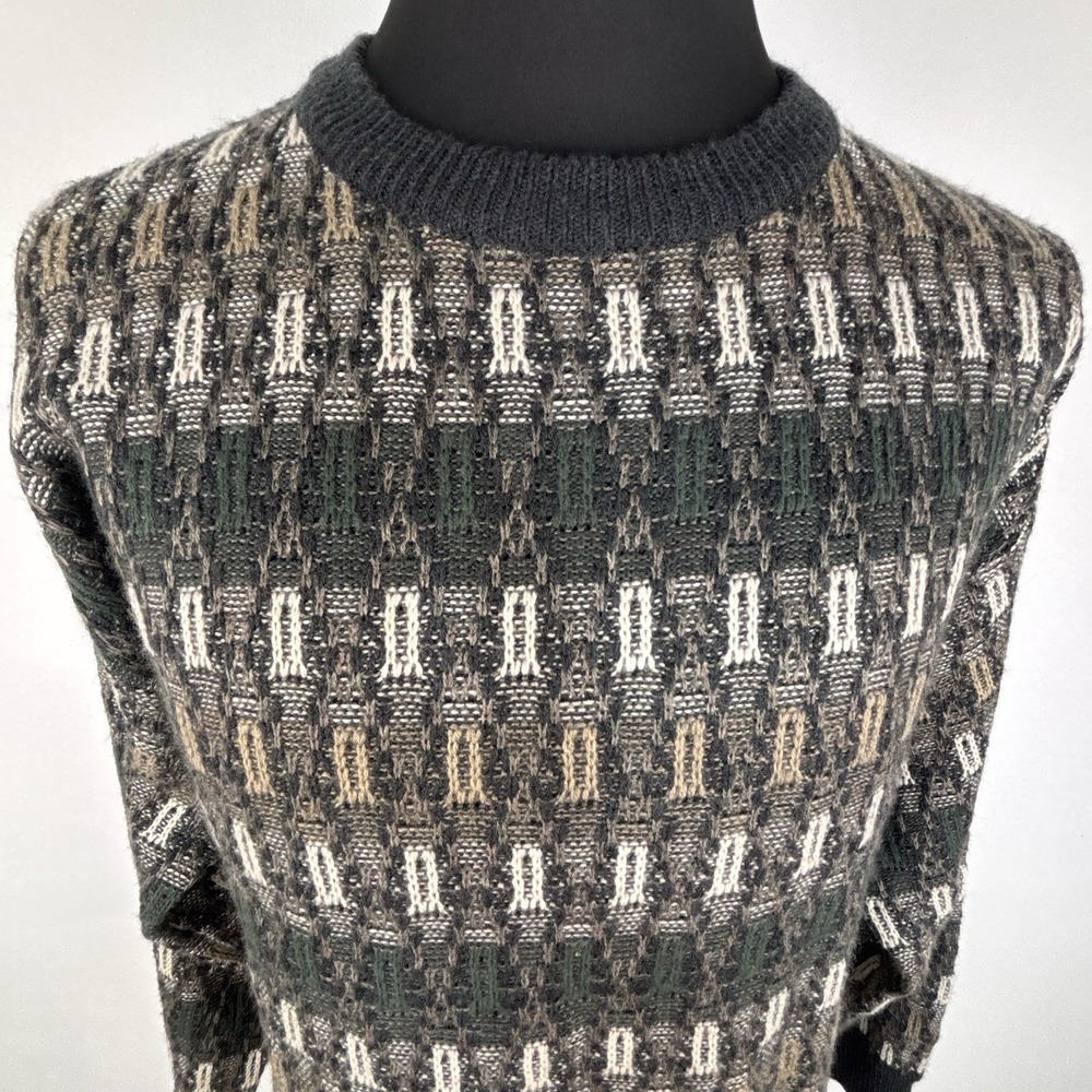 Vintage Jantzen Sweater Men XL Gray Cream Green Knit Pullover Crew Neck Abstract